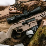 Sig Sauer Tango-MSR, black scope and mount shown on a tan rifle from the right side