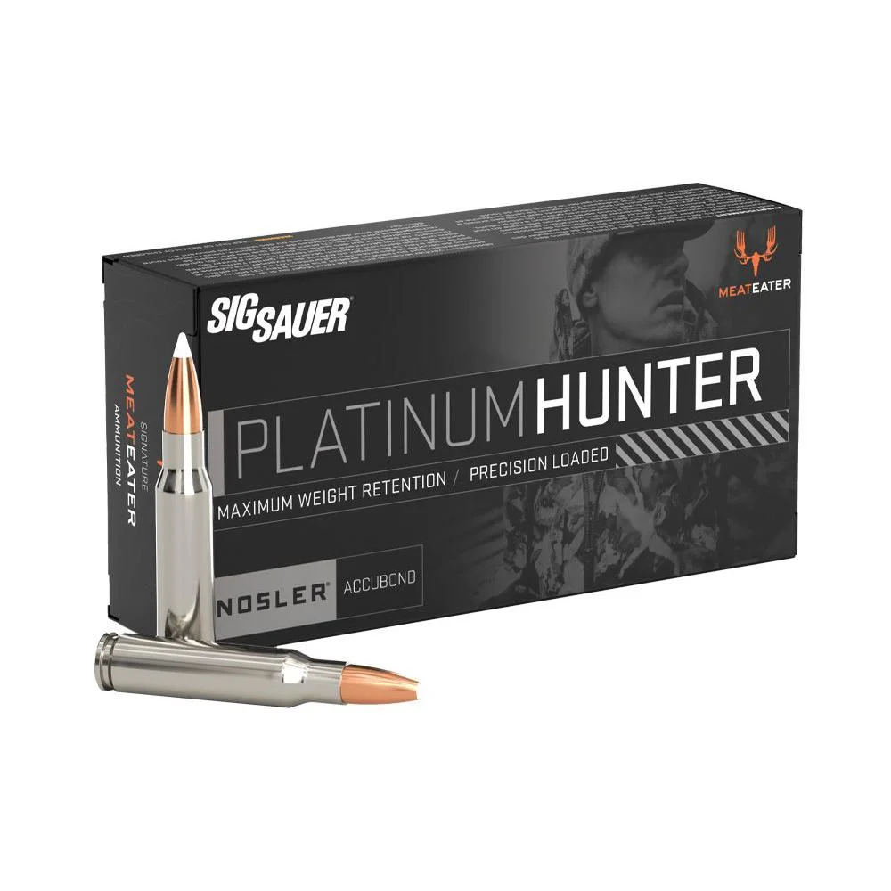 primary-41906 Sig Sauer Platinum Hunter Accubond Rifle Ammunition, black box with one cartridge in front