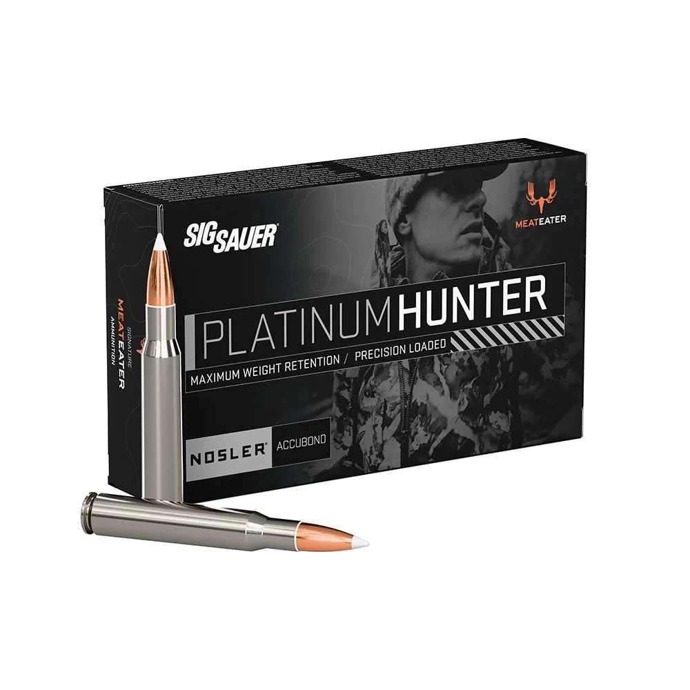 primary-41908 Sig Sauer Platinum Hunter Accubond Rifle Ammunition, black box with one cartridge displayed