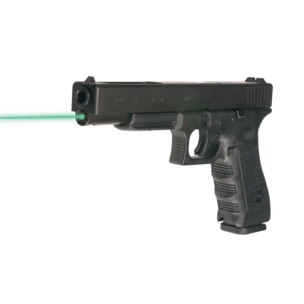 LaserMax Guide Rod Laser Gen4 for Glock 17, black pistol shown from left side with green beam
