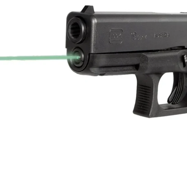 LaserMax Guide Rod Laser for Glock 19 Gen4, black pistol in right-side view projecting green laser