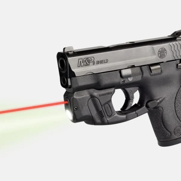 LaserMax CenterFire Light & Laser w/GripSense, black unit on pistol in right-side view with red beam