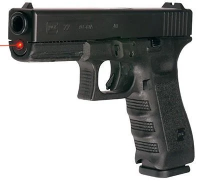 LaserMax Laser Sight for Glock 17-22-31-37, red beam visible at muzzle of black pistol