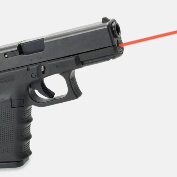 LaserMax Red Glock Guide Rod Laser, black pistol in right-side view projecting a red beam