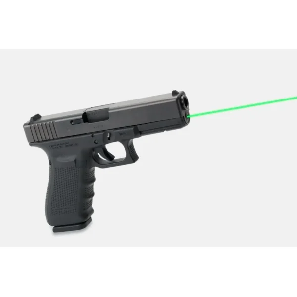 LaserMax Green Glock Guide Rod Laser, black pistol side view with green laser beam