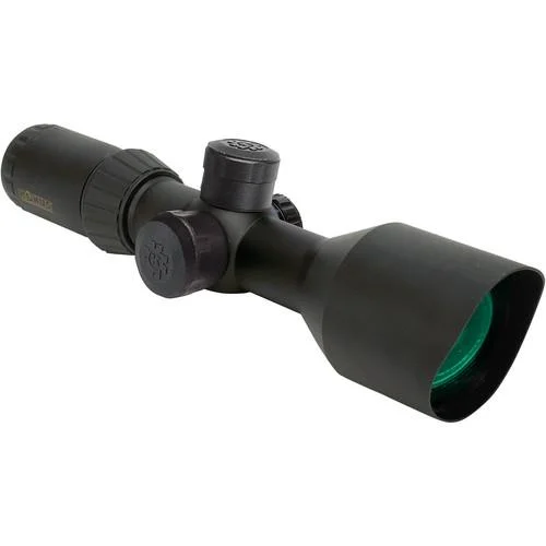 Konus Muzzleloader Rifle Scope black angled side view with adjustment turrets, rings and flared objective