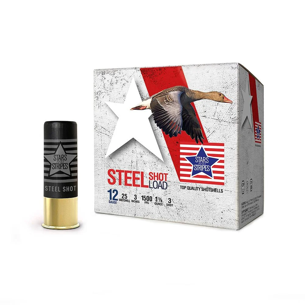 primary-41937 PPU Stars & Stripes Steel Shotshell, white retail box with red and blue graphics and one shell