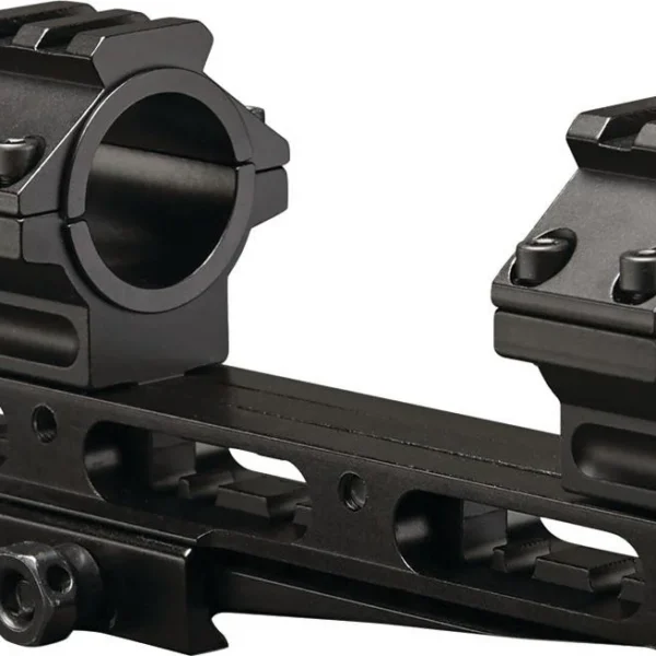 Konus Universal Cantilever mount, black angled view with two scope rings and adjustable rail base