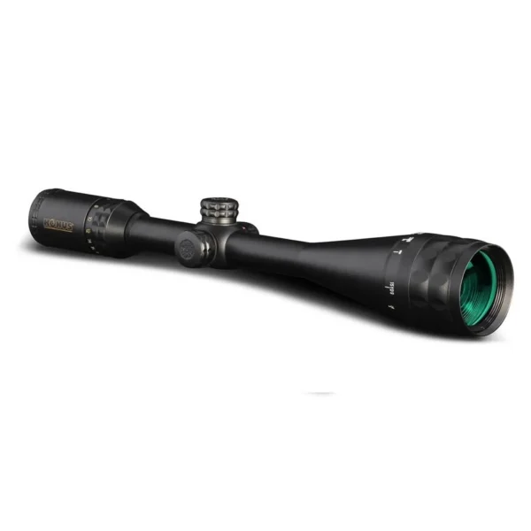 KonusPro Plus Rifle Scope, matte black right-side view with adjustment turrets and green lens
