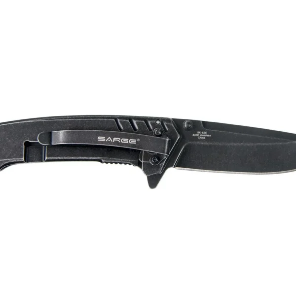 Sarge Knives Stone stonewash frame lock folder, right-side view with black blade open