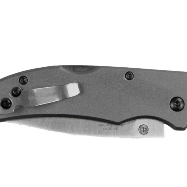 Sarge Knives Gray Electro lock-back folder, closed side view with pocket clip