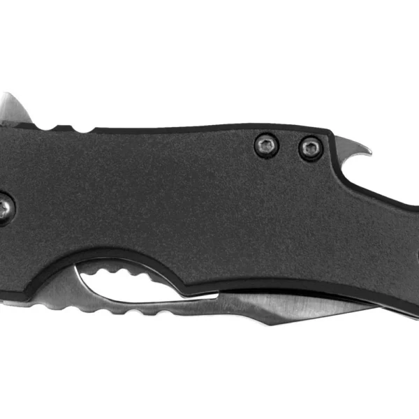 Sarge Knives Black Fuse Folding Knife, closed black side view with bottle opener and pocket clip