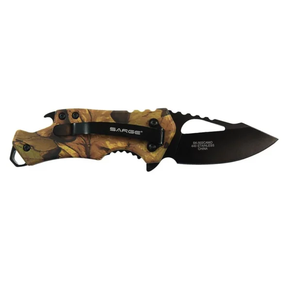 Sarge Knives Camo Fuse Folding Knife, right-side view with camo handle and black drop point blade