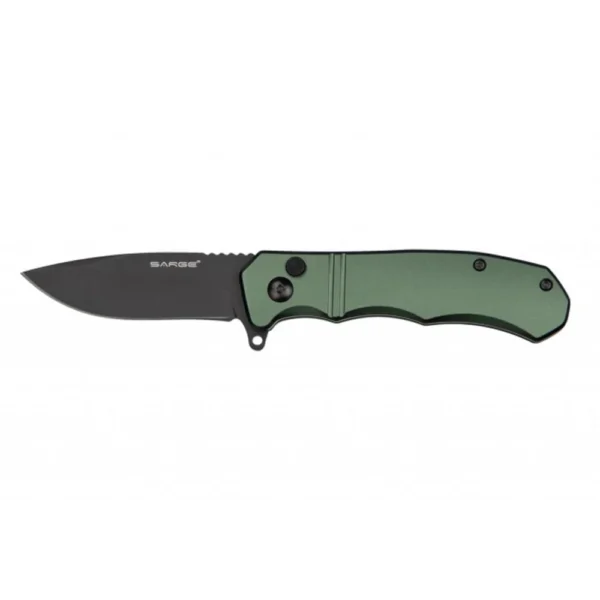 Sarge Knives Command folder, open side view with black blade and army green handle