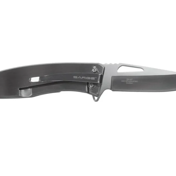 Sarge Knives Strive Swift Assist Folding Knife, open right-side view with black handle and blade