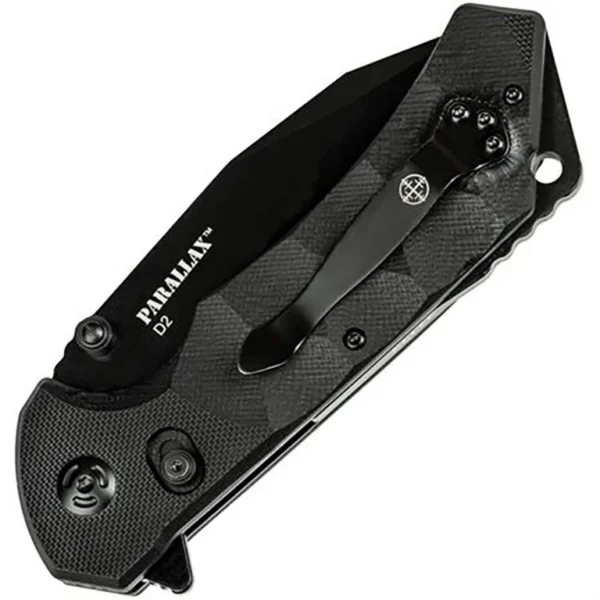 Master Cutlery Elite Tactical Parallax folding knife in black, open and closed side views