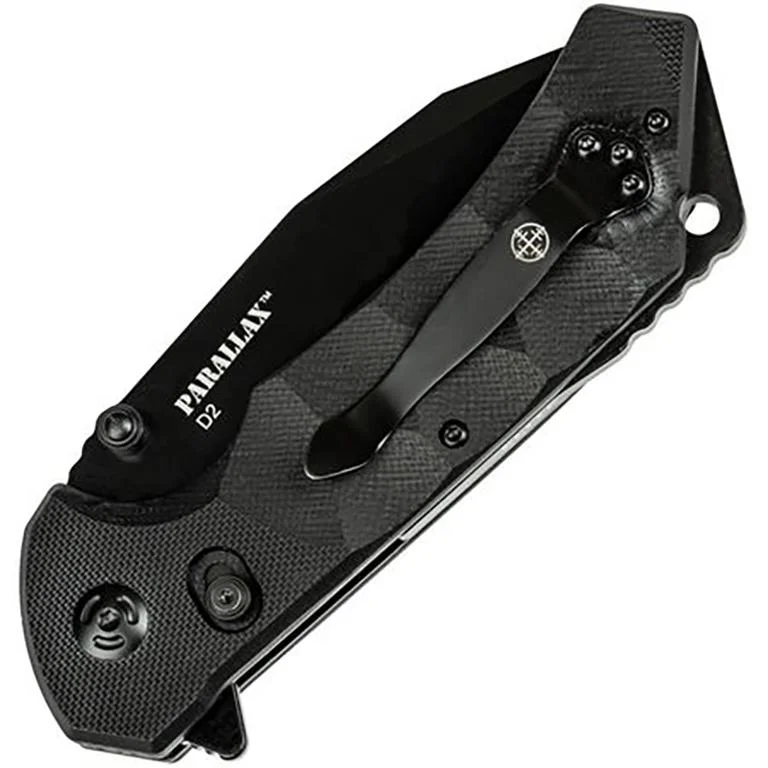primary-41972 Master Cutlery Elite Tactical Parallax folding knife in black, open and closed side views