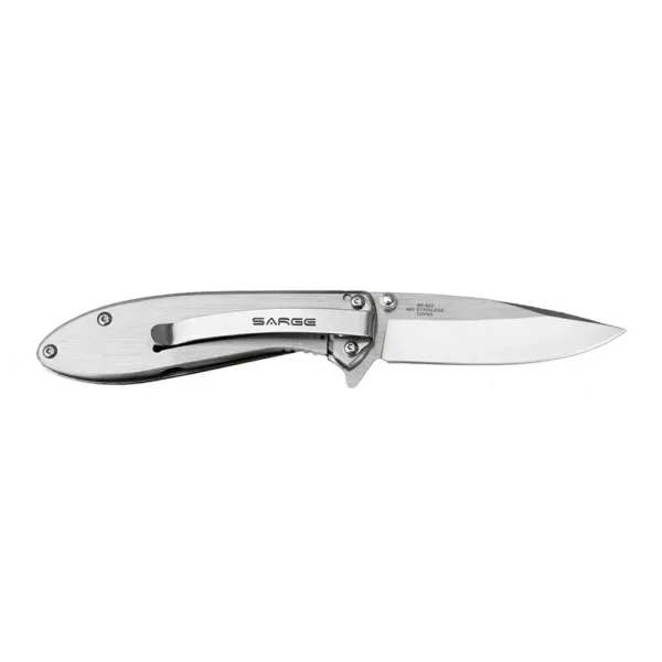 Sarge Knives Hawk Swift Assist Folder Knife, open side view with chrome clip-point blade