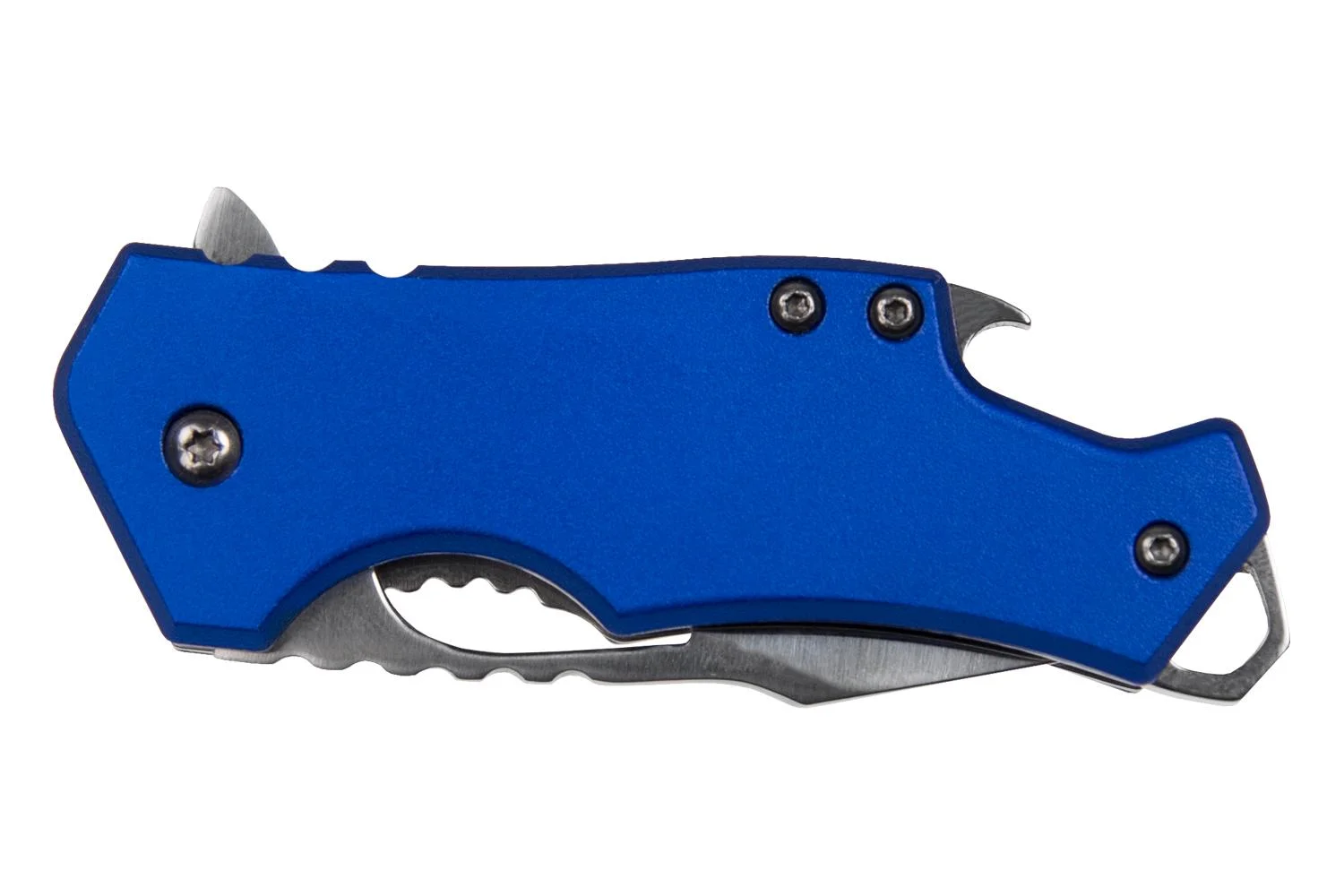 primary-41977 Sarge Knives Blue Fuse, side view of closed blue pocket knife with bottle opener and metal loop