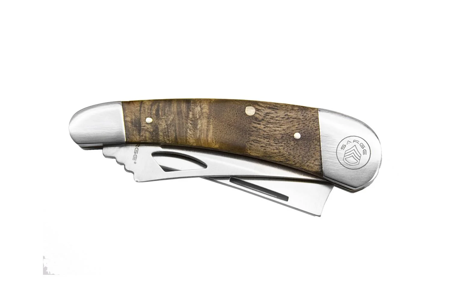 primary-41978 Sarge Knives Razor XL, closed pocket knife with brown wood handle and two folded blades