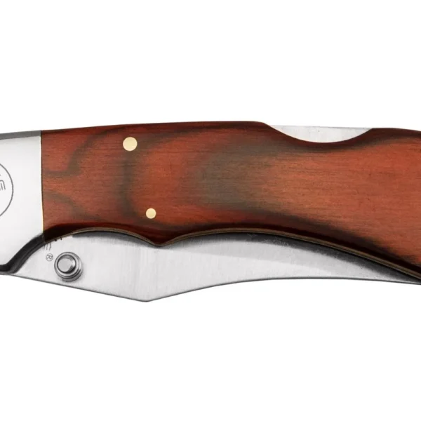 Sarge Knives Gambler folding knife, side view closed with reddish wood handle and silver bolsters