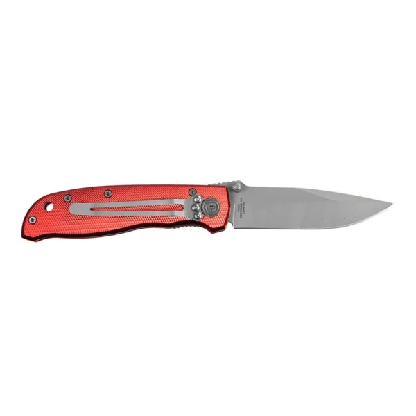 Sarge Knives Red Diamond Folding Knife, right-side view with red handle and open silver blade