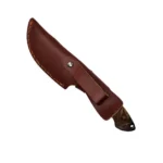 Sarge Knives Terrain fixed blade knife in brown leather sheath with wood and stag handle visible