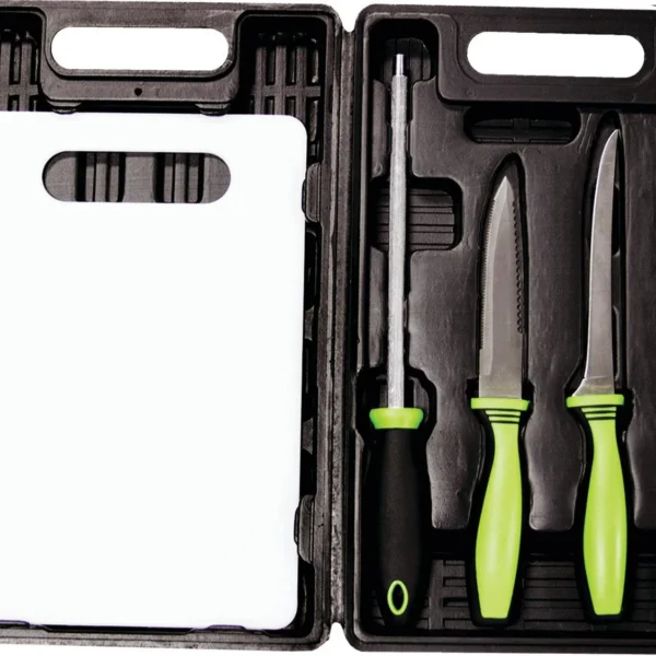 Sarges Knives Angler's Edge 5pc Fishing Kit, open black case with cutting board and four tools