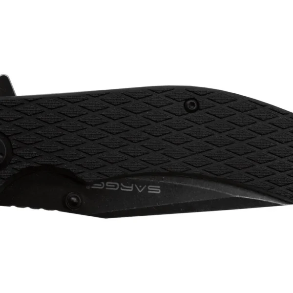 Sarge Knives Shadow, closed black folding knife with textured handle, side view