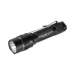 Streamlight Protac HP-X Flashlight angled front view in black with pocket clip and ridged body