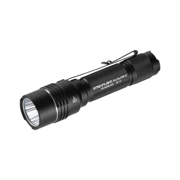 Streamlight Protac HP-X Flashlight angled front view in black with pocket clip and ridged body