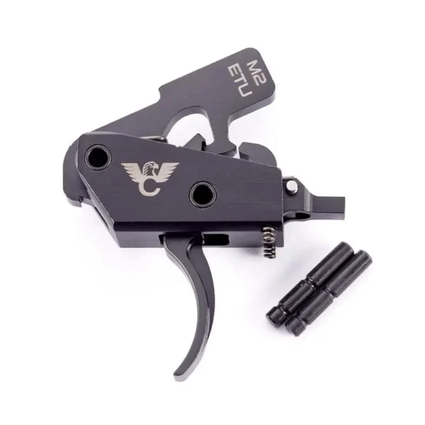 Wilson Combat AR Enhanced Trigger Unit, black side view with curved trigger and loose pins