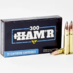 Wilson Combat HAM R Ammunition black box with three brass cartridges, front three-quarter view