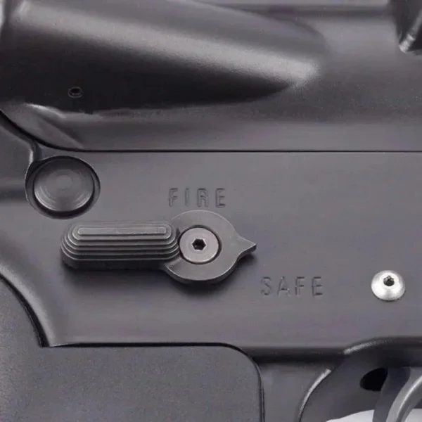 Wilson Combat Ambidextrous AR Safety Selector, close-up installed on black receiver with fire and safe marks