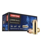Norma Safeguard Handgun Ammunition, blue and black box with three brass cartridges