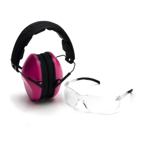 Pyramex Safety Pyramex Low Profile Combo Kit Passive Pink Ear Muff 24dB Clear Shooting Glasses Clear with Clear Lens