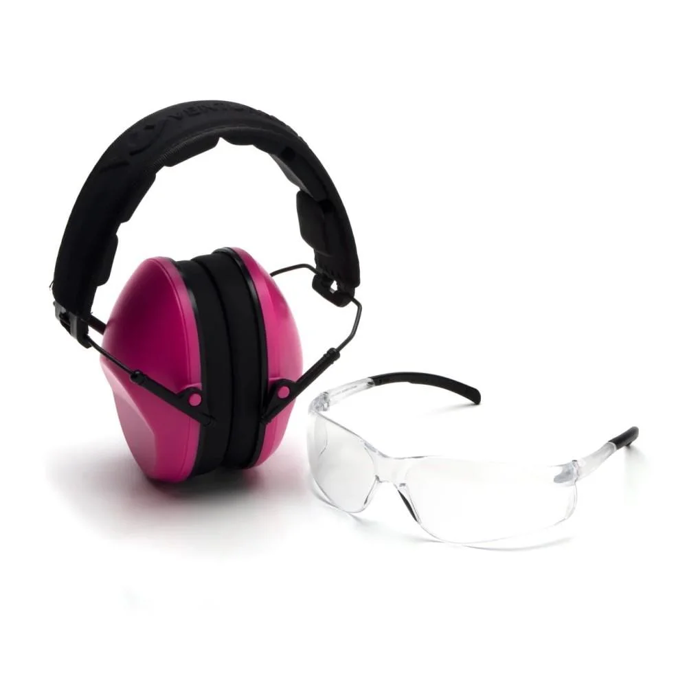 primary-42217 Pyramex Safety Pyramex Low Profile Combo Kit Passive Pink Ear Muff 24dB Clear Shooting Glasses Clear with Clear Lens