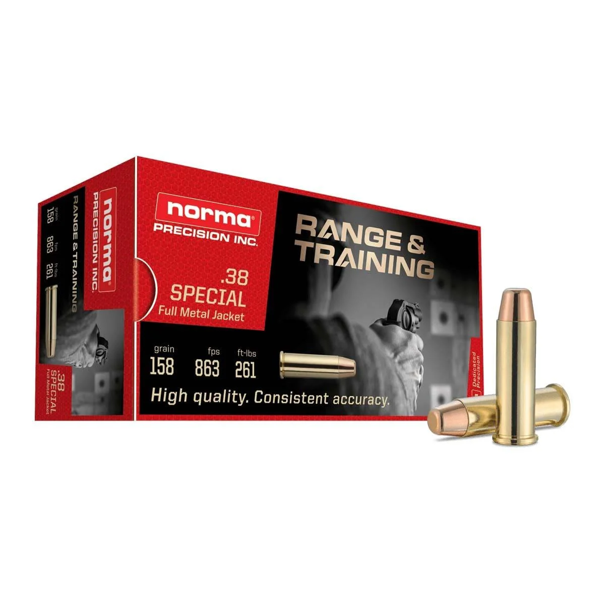 primary-42224 Norma Range & Training Rifle Ammunition, red and black boxes with brass cartridges displayed in front