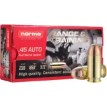 Norma Range and Training ammunition box, front view with loose cartridges