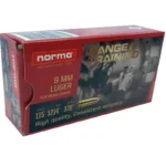Norma Range and Training Handgun Ammunition red and black box, angled front view