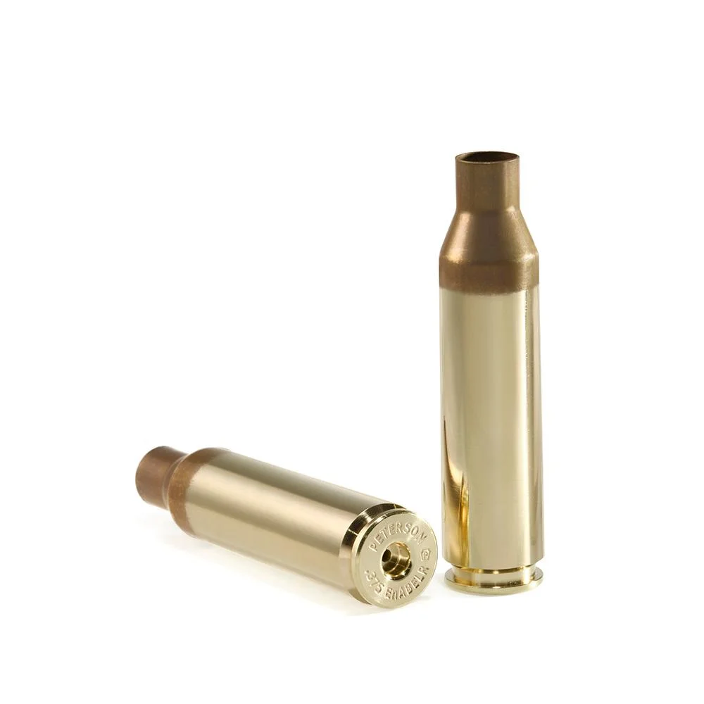primary-42264 Peterson Unprimed Rifle Brass .375 EnABELR, two brass-colored cases, one upright and one on side