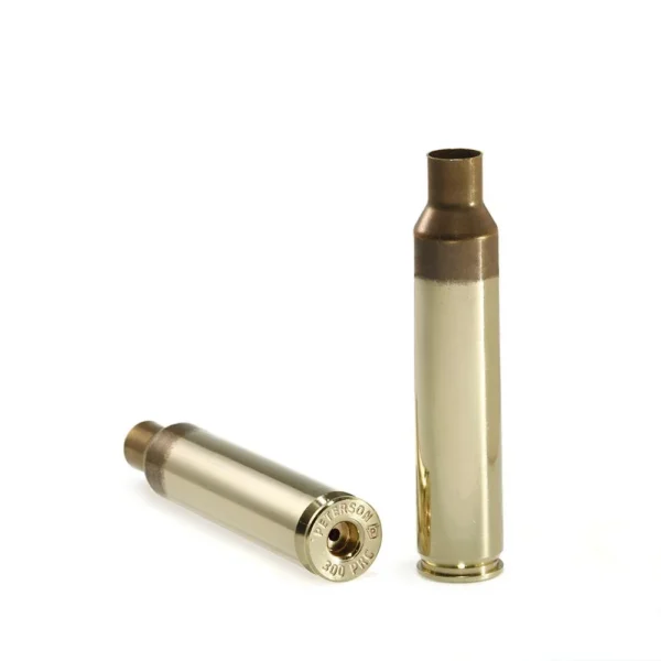 Peterson Unprimed Rifle Brass 300 PRC, two gold cases, one upright and one showing case head