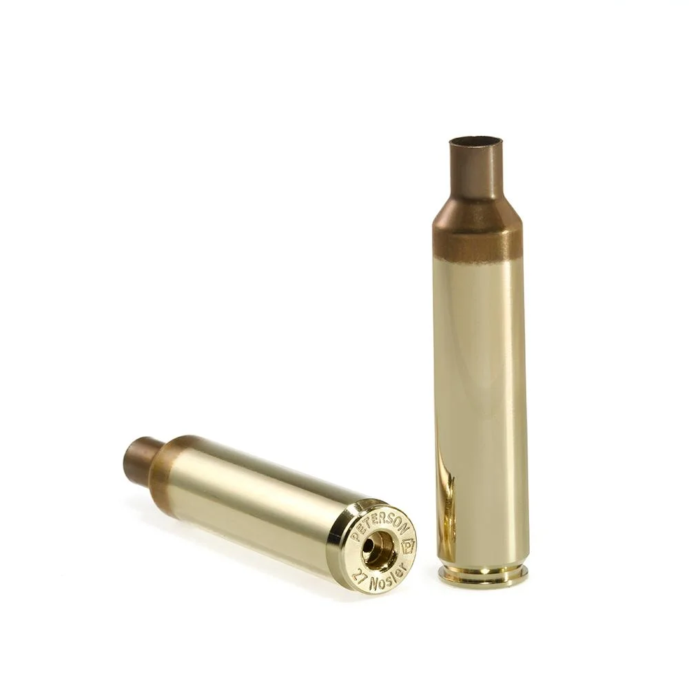 primary-42273 Peterson Unprimed Rifle Brass 27 Nosler, two brass cases shown upright and on their side