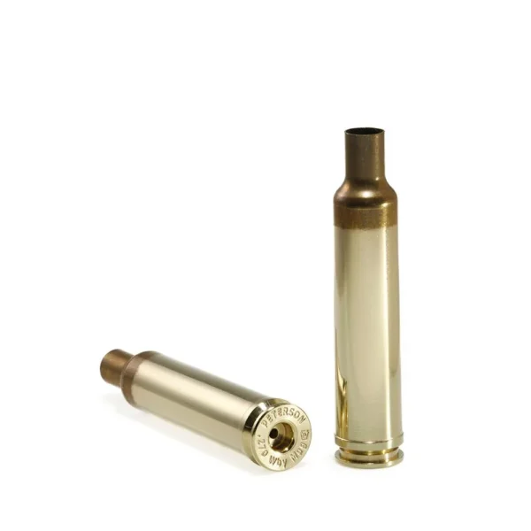 Peterson Unprimed Rifle Brass 270 Weatherby, two brass cases shown upright and on side
