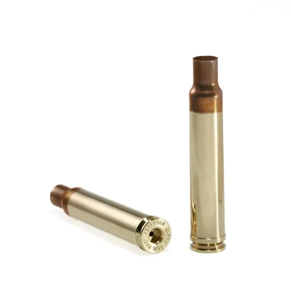 Peterson Unprimed Rifle Brass 340 Weatherby, two brass cases shown upright and on side