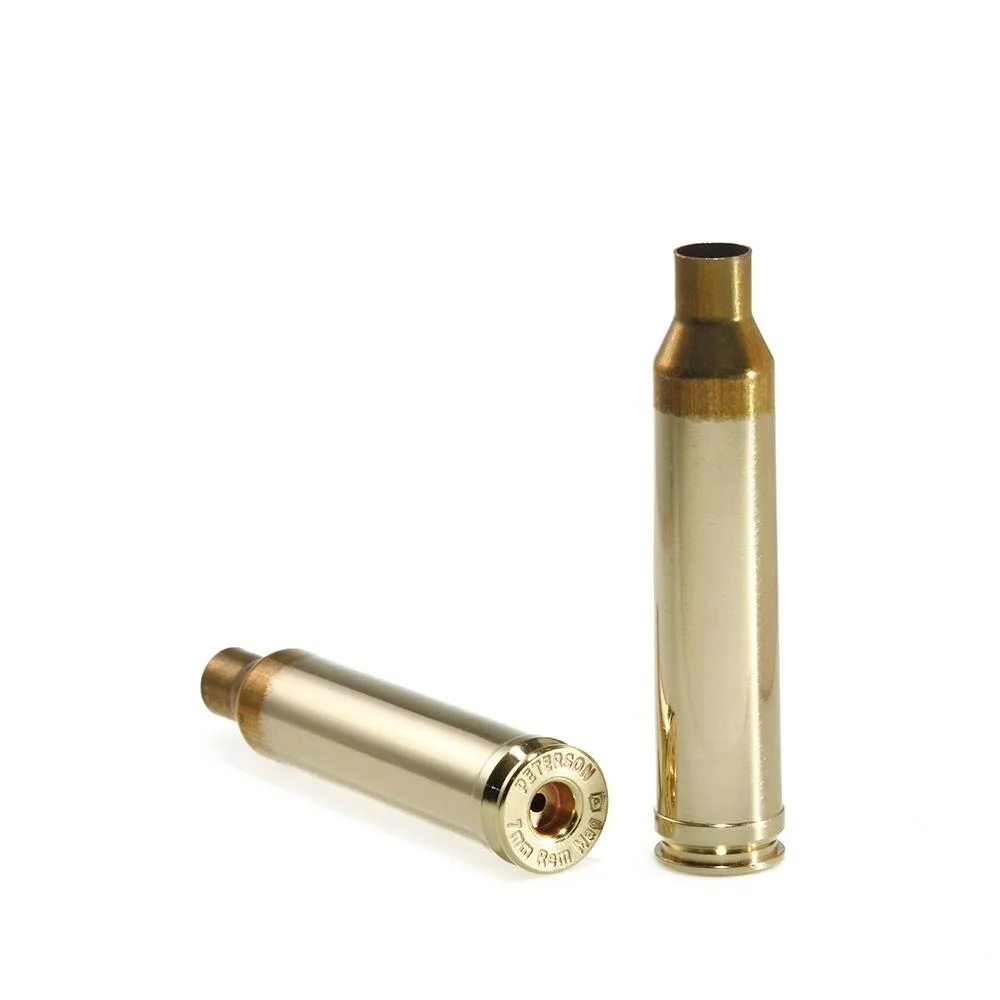 primary-42279 Peterson Unprimed Rifle Brass 7mm Rem Mag, two gold cases, one upright and one showing case head