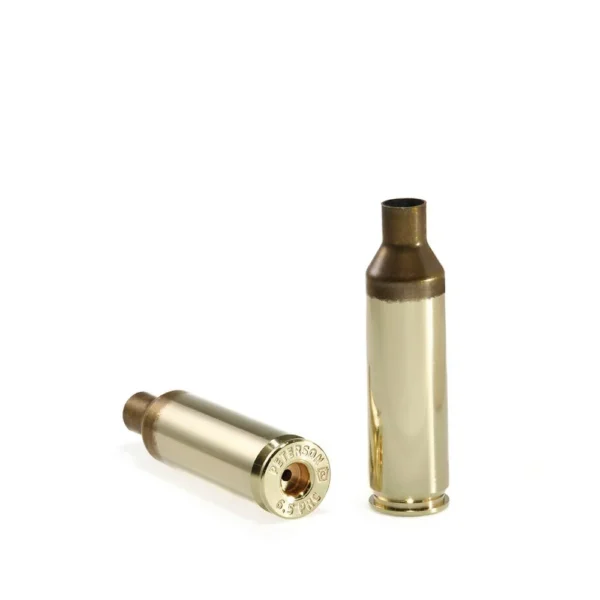 Peterson Unprimed Rifle Brass 6.5 PRC, two gold cases, one upright and one showing case head