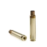 Peterson Unprimed Rifle Brass 338 Weatherby RPM, two gold cases, one upright and one on its side