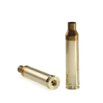 Peterson Unprimed Rifle Brass 7mm Rem Mag Long, two gold cases, one upright and one on its side