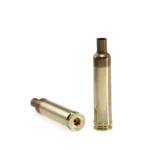 Peterson Unprimed Rifle Brass 257 Weatherby, two gold brass cases upright and on side